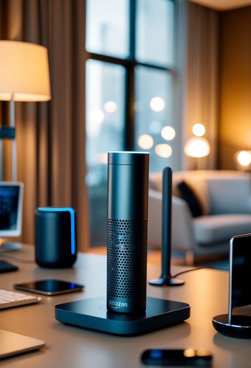 Amazon Alexa: Revolutionizing Smart Home Technology 7 An Amazon Alexa device sits on a modern, minimalist table, surrounded by sleek, high-tech gadgets and a warm, inviting room ambiance