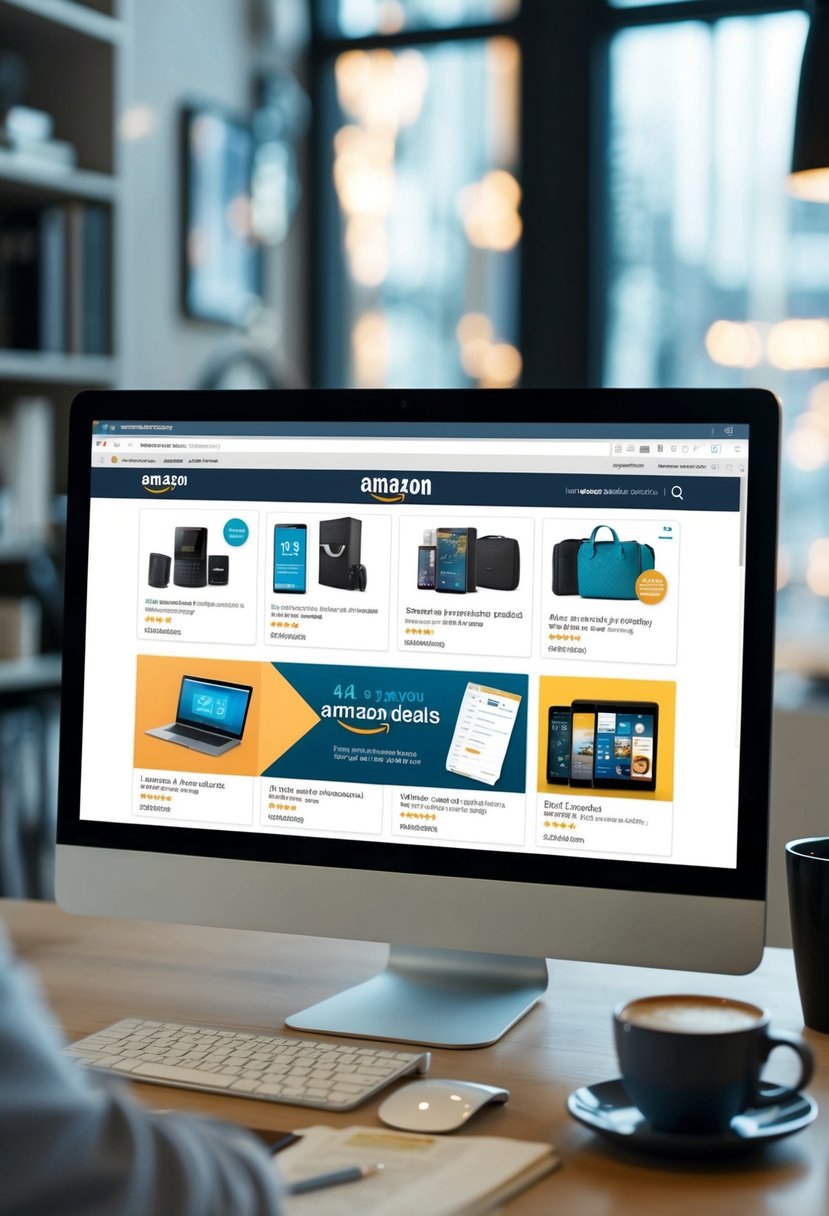 Top 5 Amazon Deals Must-Grab Offers This Week 7 A computer screen displaying various Amazon deals, surrounded by search tabs and a cup of coffee