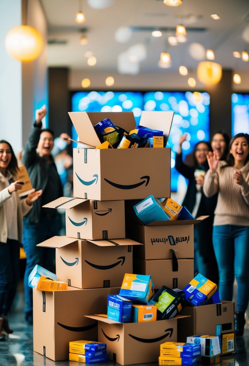 Top 5 Amazon Deals Must-Grab Offers This Week 8 A stack of Amazon boxes with various products spilling out, surrounded by excited shoppers and a sense of urgency