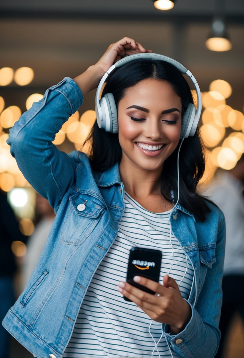 Amazon Music Unlimited Features, Benefits, and How to Get Started 9 A person with headphones on, dancing and smiling while listening to music on their phone with the Amazon Music Unlimited app open