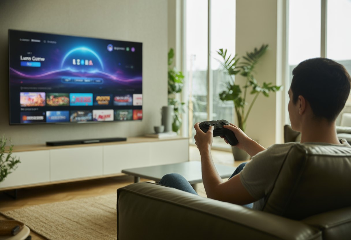 Amazon Luna Cloud Gaming Service Overview and Features 1 A person sitting on a sofa holding a game controller in a modern living room with a TV displaying a colorful gaming interface.