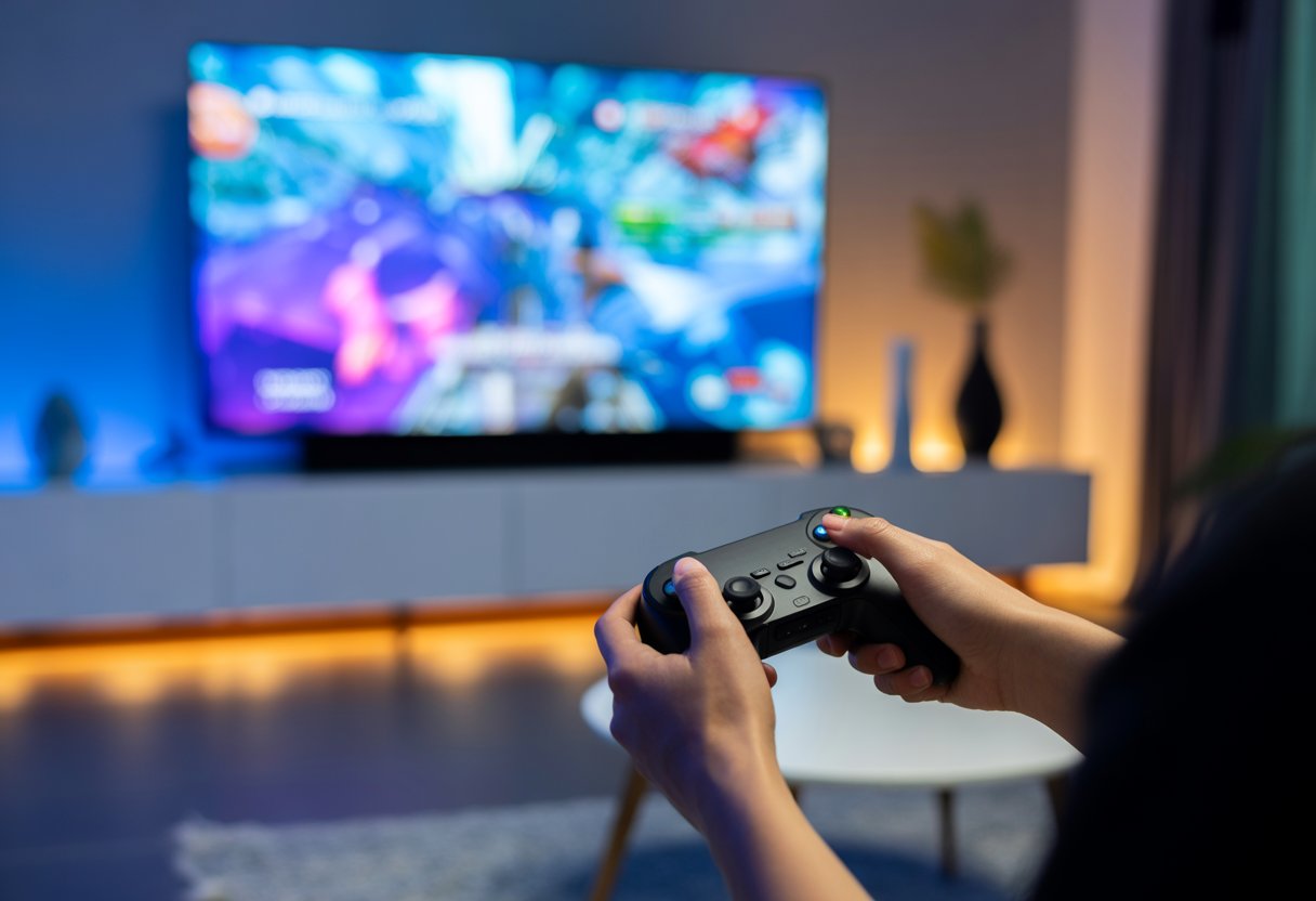 Amazon Luna Cloud Gaming Service Overview and Features 2 Person holding a wireless game controller playing a video game on a large TV in a modern living room.