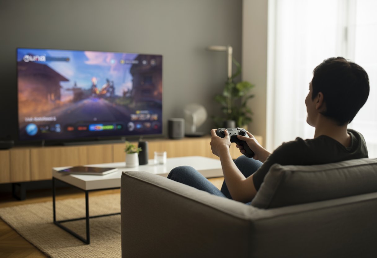Amazon Luna Cloud Gaming Service Overview and Features 3 Person sitting on a sofa playing video games on a large TV using a wireless controller in a modern living room.