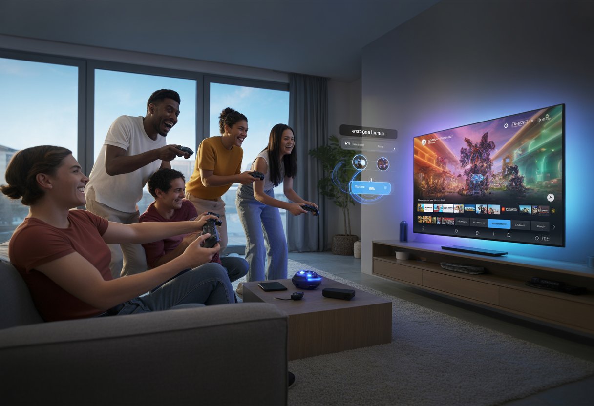 Amazon Luna Cloud Gaming Service Overview and Features 4 People playing video games together in a modern living room with a large TV showing colorful game graphics.