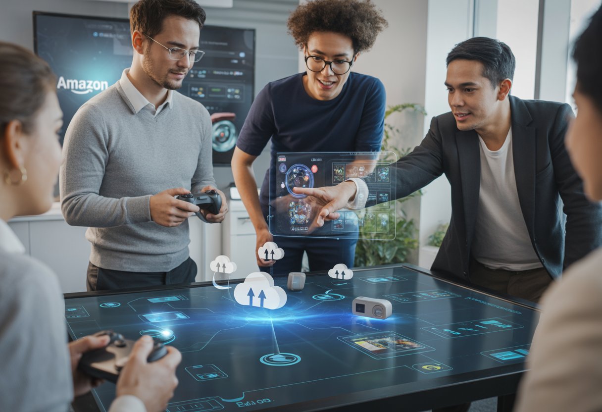 Amazon Luna Cloud Gaming Service Overview and Features 5 A group of professionals collaborating around a digital touchscreen table with gaming and cloud service icons, illustrating integration with Amazon services.