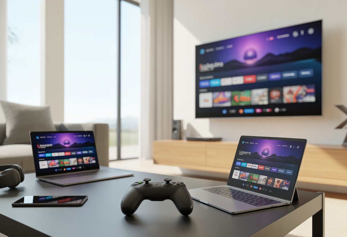 Amazon Luna Cloud Gaming Service Overview and Features 6 A living room with a smart TV, game controller, laptop, and tablet showing gaming content, illustrating device compatibility and platform support.