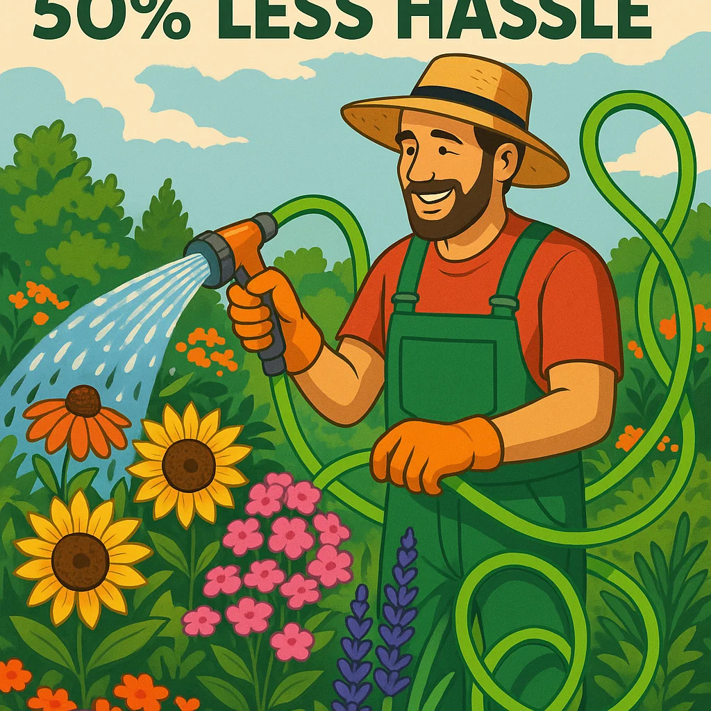A vibrant garden with a gardener using a kink-resistant hose to water flowers, labeled “2025 Game-Changer: 50% less hassle.