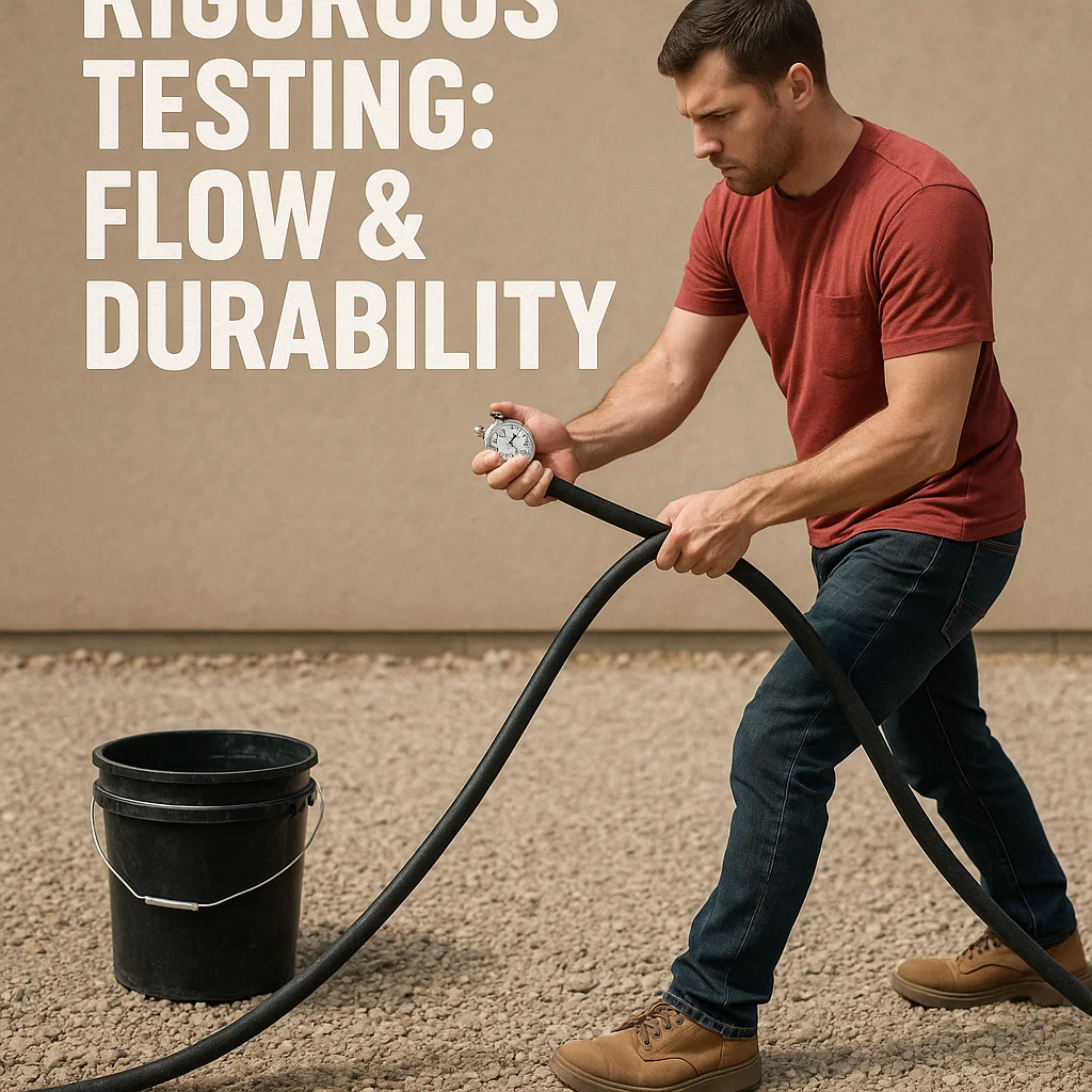 A tester dragging a hose across gravel, with a stopwatch and bucket, labeled “Rigorous Testing: Flow & Durability.