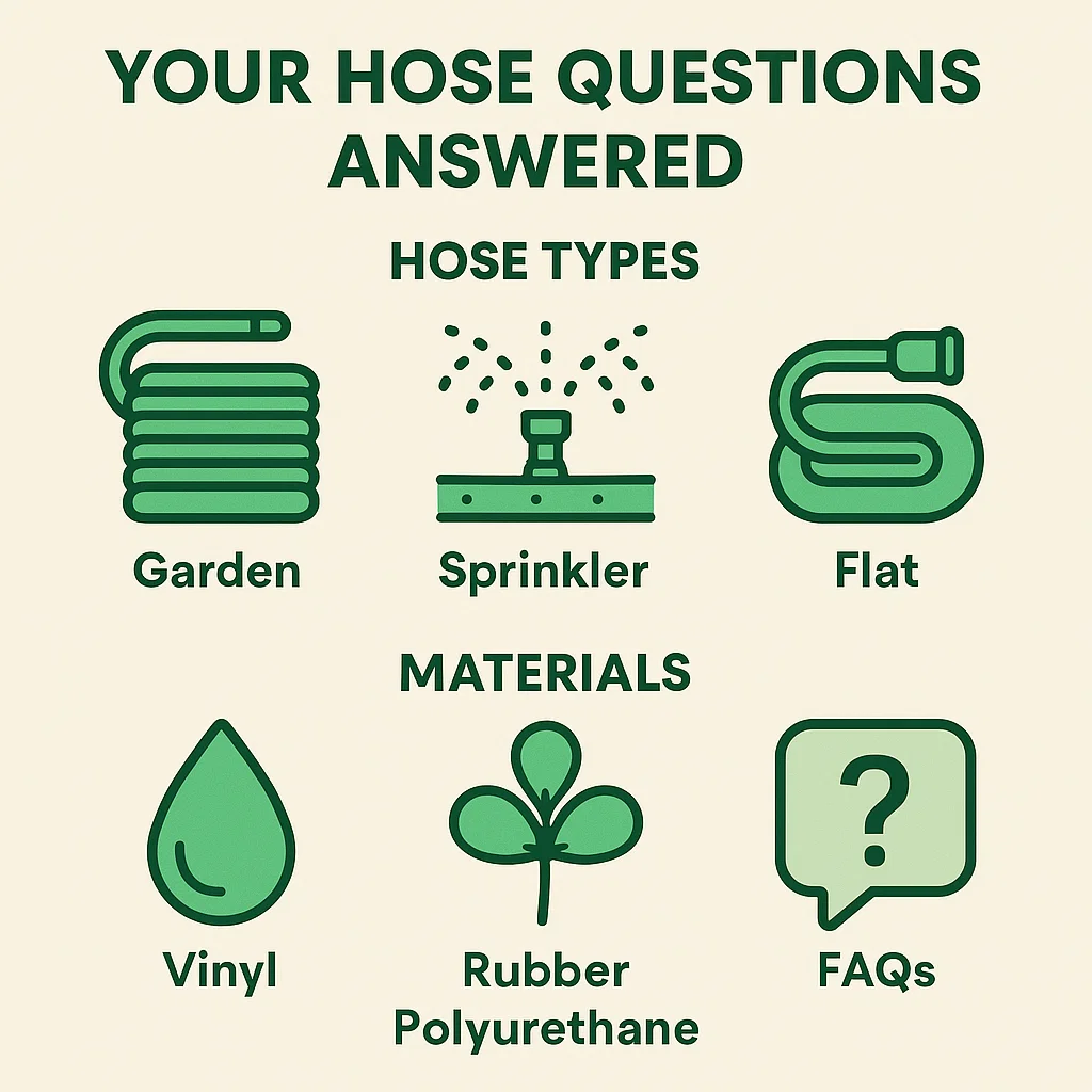 An infographic with icons for hose types, materials, and FAQs, labeled “Your Hose Questions Answered.
