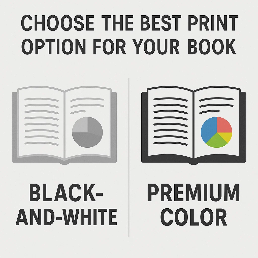 Amazon KDP Royalty Calculator - Printing Cost for ebook 2 A comparison of black-and-white vs. premium color book interiors, labeled “Choose the Best Print Option for Your Book.”