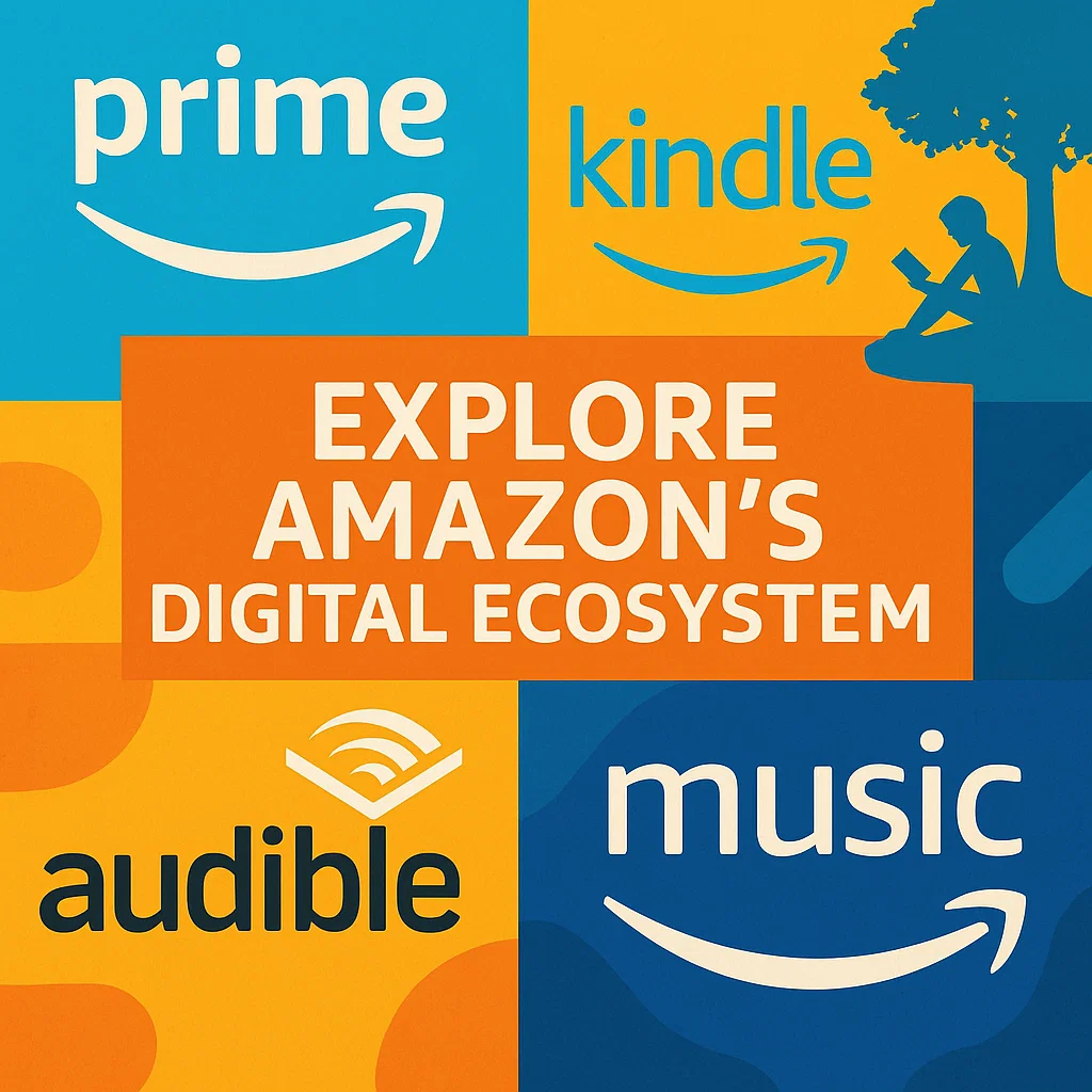 Explore what is Amazon Digital Service Ecosystem 2 A vibrant collage of Amazon Digital Service logos (Prime, Kindle, Audible, Music), labeled “Explore Amazon’s Digital Ecosystem.”