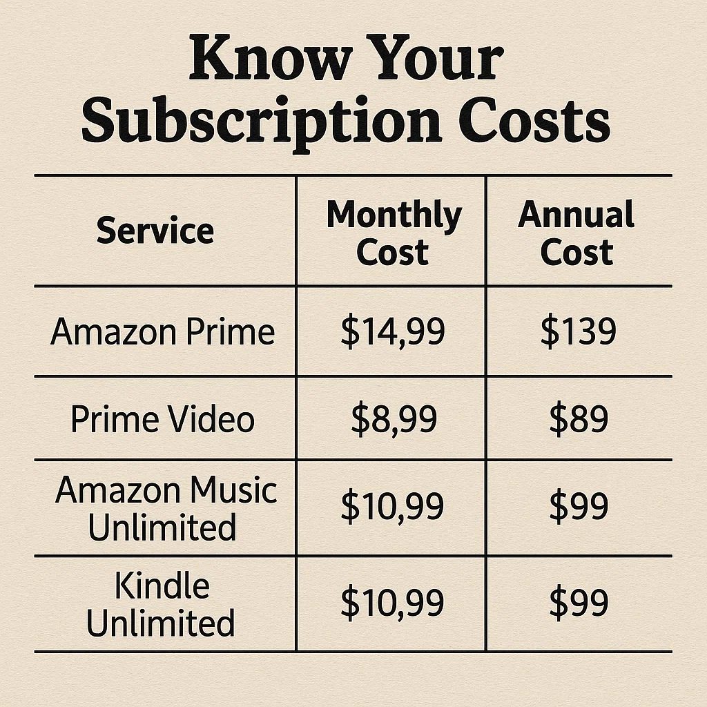 Explore what is Amazon Digital Service Ecosystem 3 A table comparing subscription costs for what is Amazon Digital Service, with columns for service, monthly cost, and annual cost, labeled “Know Your Subscription Costs.”