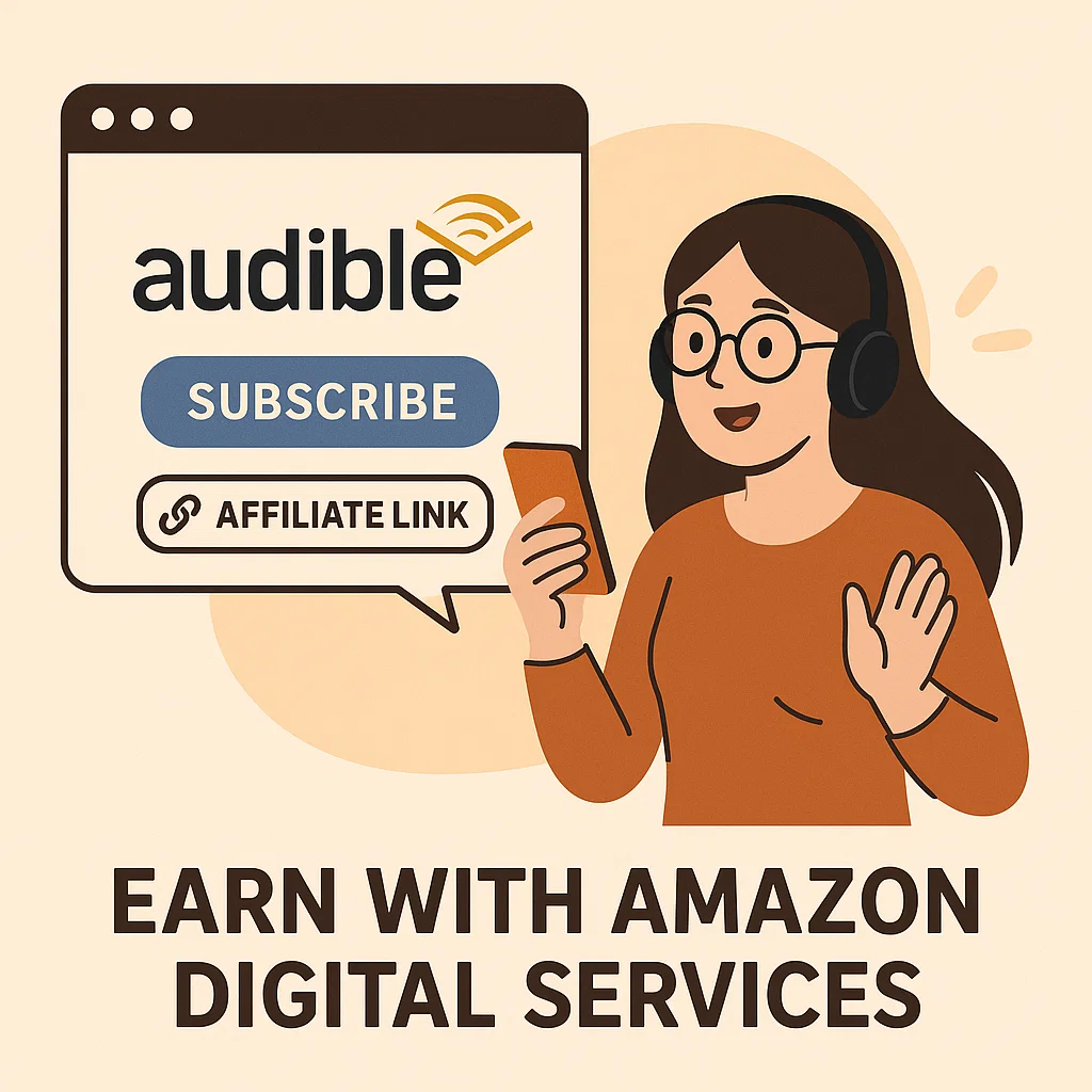 Explore what is Amazon Digital Service Ecosystem 4 A graphic showing a blogger promoting an Audible subscription with an affiliate link, labeled “Earn with Amazon Digital Services.